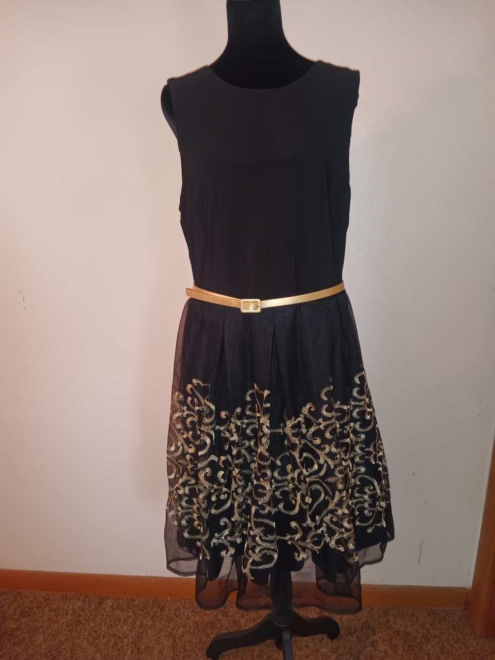 R&K Black Midi Dress with Gold Embroidered Skirt